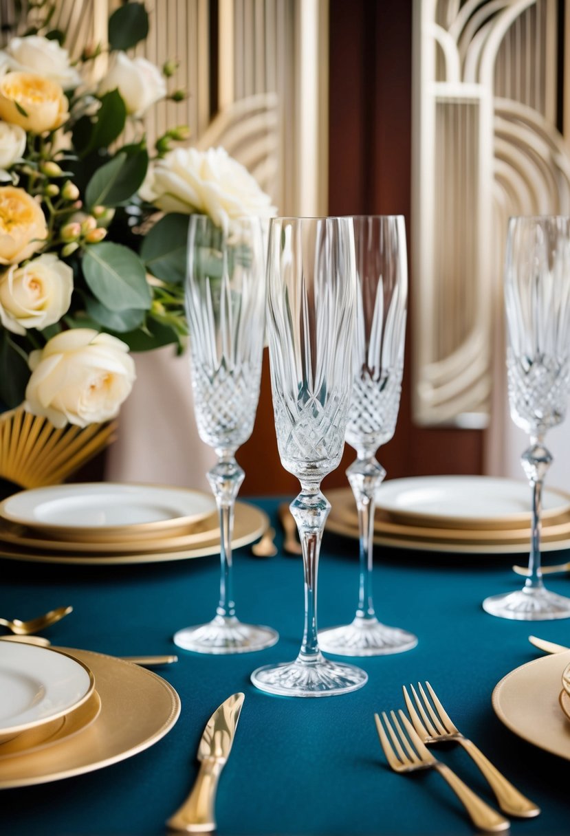 A table set with vintage crystal champagne flutes, surrounded by art deco wedding decorations