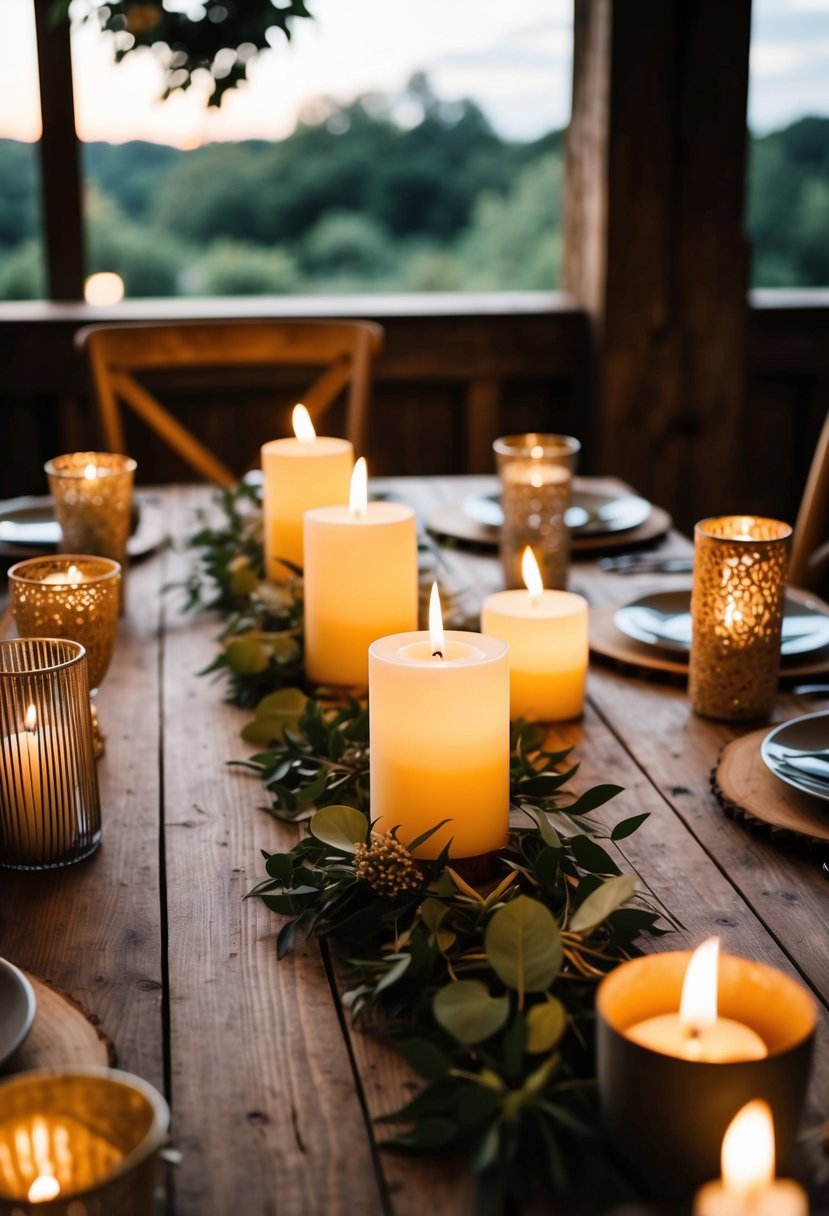 A rustic wooden table adorned with various DIY candle holders, creating a warm and intimate atmosphere for a budget-friendly wedding table decoration