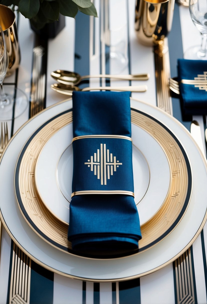 An elegant table setting with monogrammed Art Deco napkins, surrounded by geometric patterns and sleek, metallic accents