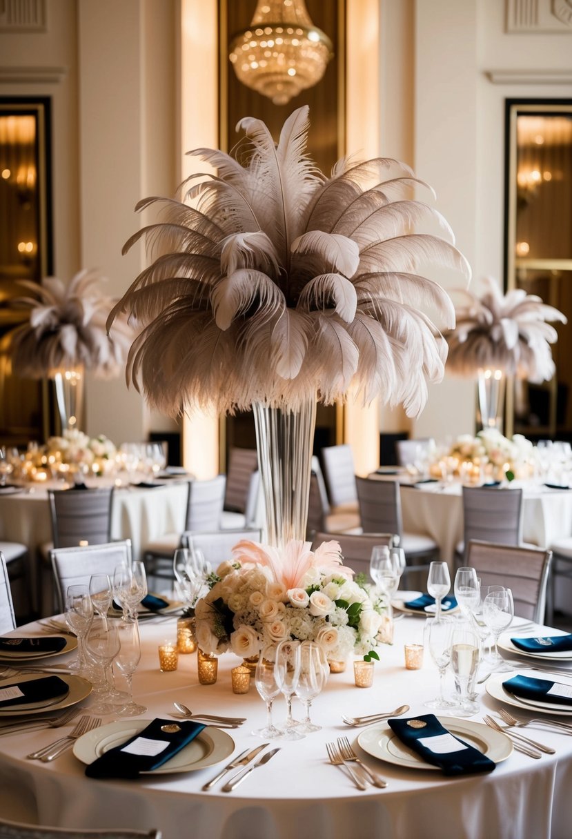 A lavish art deco table adorned with opulent feather centerpieces, evoking the glamour of a Gatsby-inspired wedding