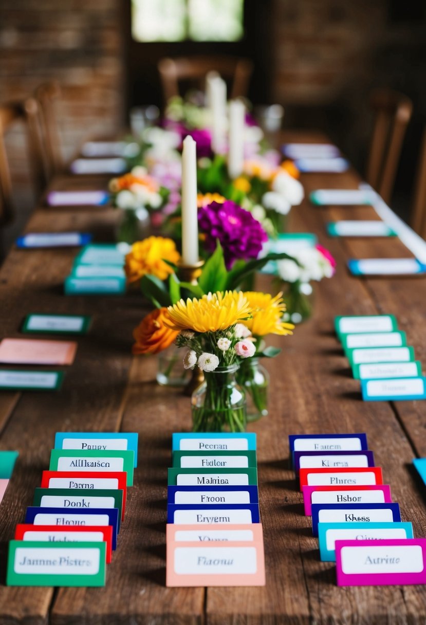 Colorful name cards arranged on rustic table with flower centerpieces