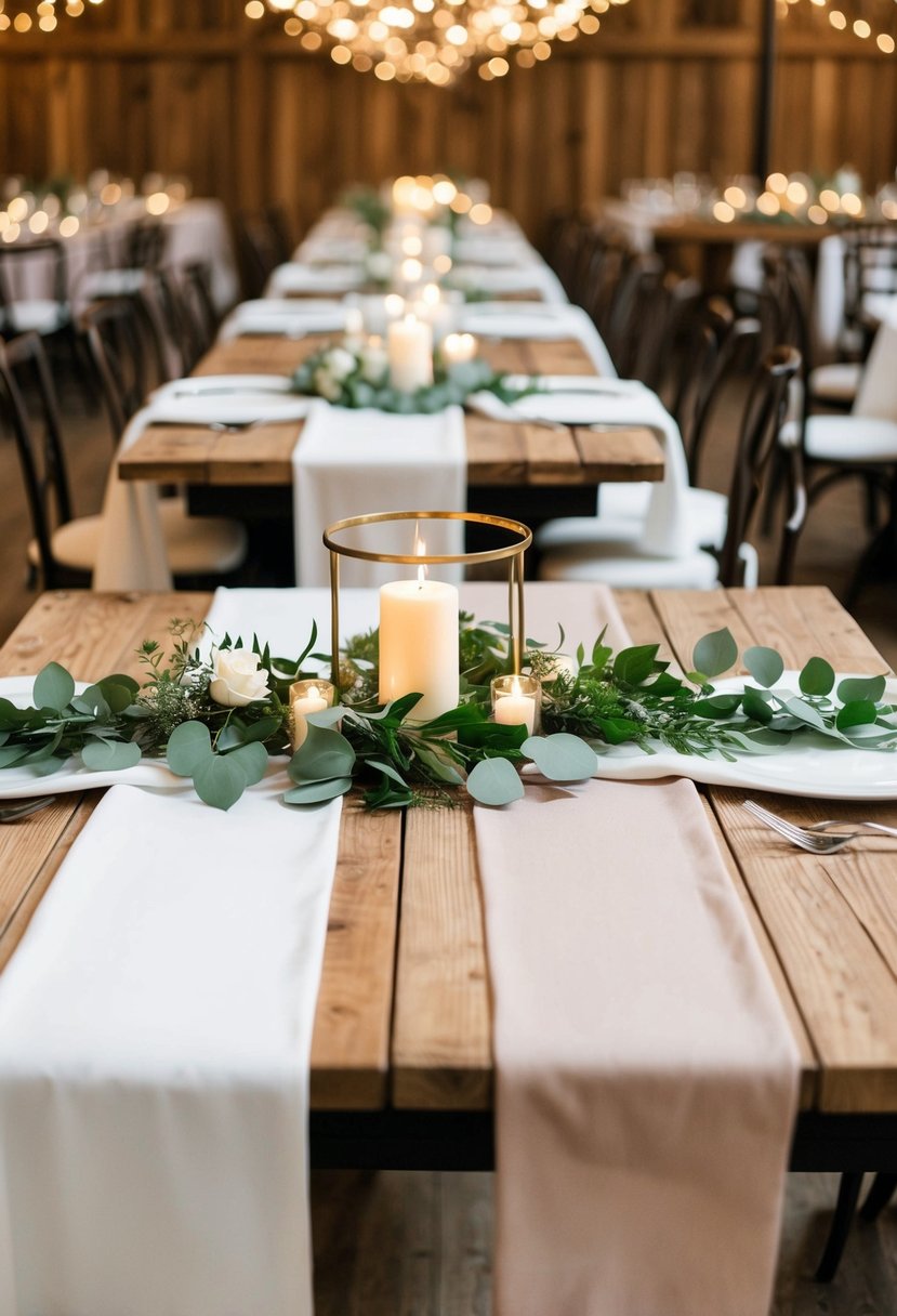 Elegant fabric table runners cascade over rustic wooden tables, adding a touch of sophistication to the wedding reception decor