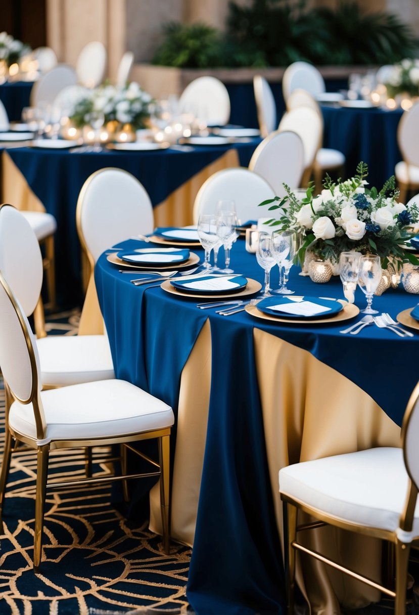 Navy blue and gold tablecloths draped over art deco wedding tables, adorned with elegant centerpieces and glistening tableware