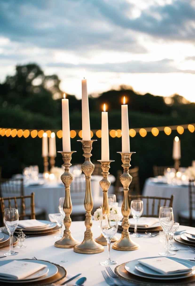 A table set with elegant candlestick wedding decorations