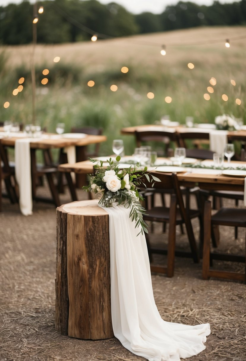 Rough-hewn wooden slabs adorned with simple, elegant wedding decor