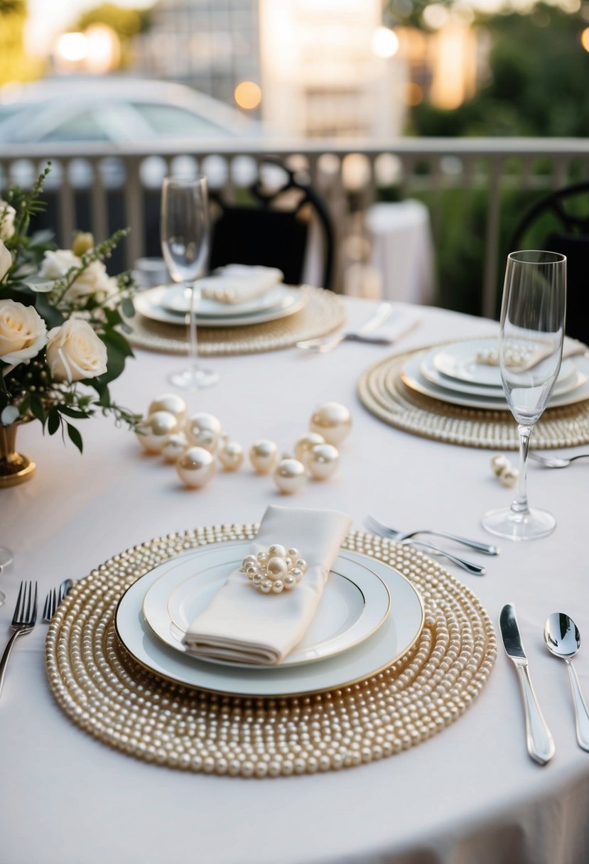 Elegant pearl placemats arranged on an art deco wedding table