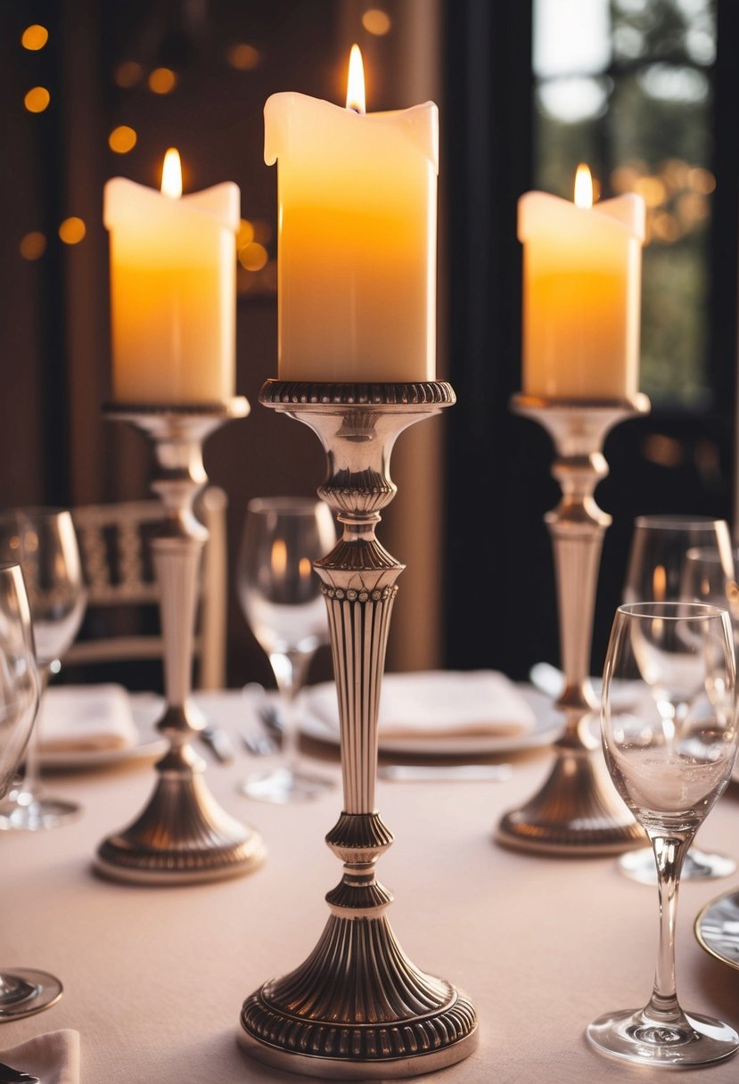 An elegant Art Deco candlestick charm adorns a wedding table, casting a warm glow over the festivities