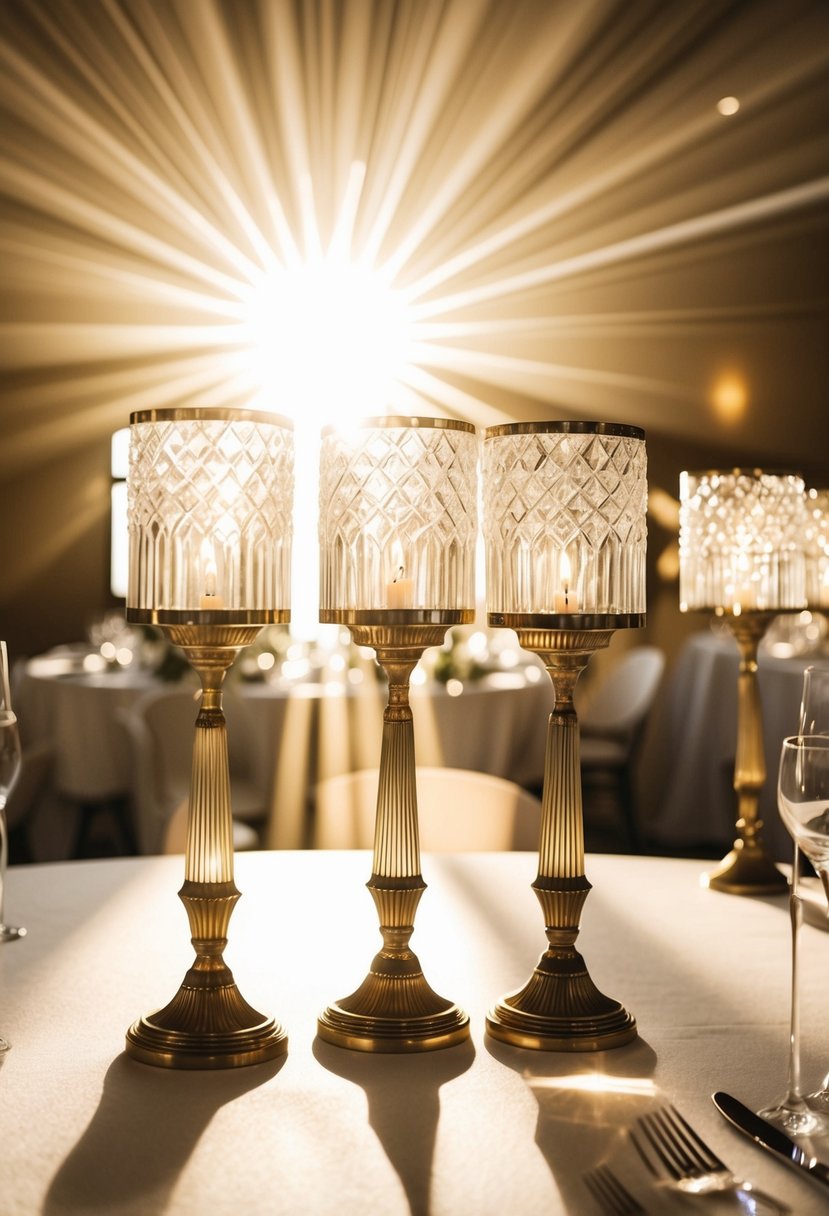 Sunlight streams through the art deco-patterned candle holders, casting intricate sunburst patterns on the wedding table