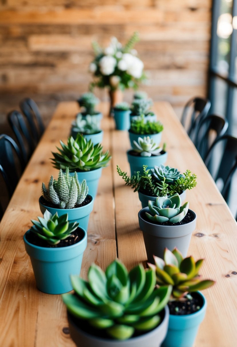 A wooden table adorned with various potted succulents, serving as affordable and elegant wedding decorations