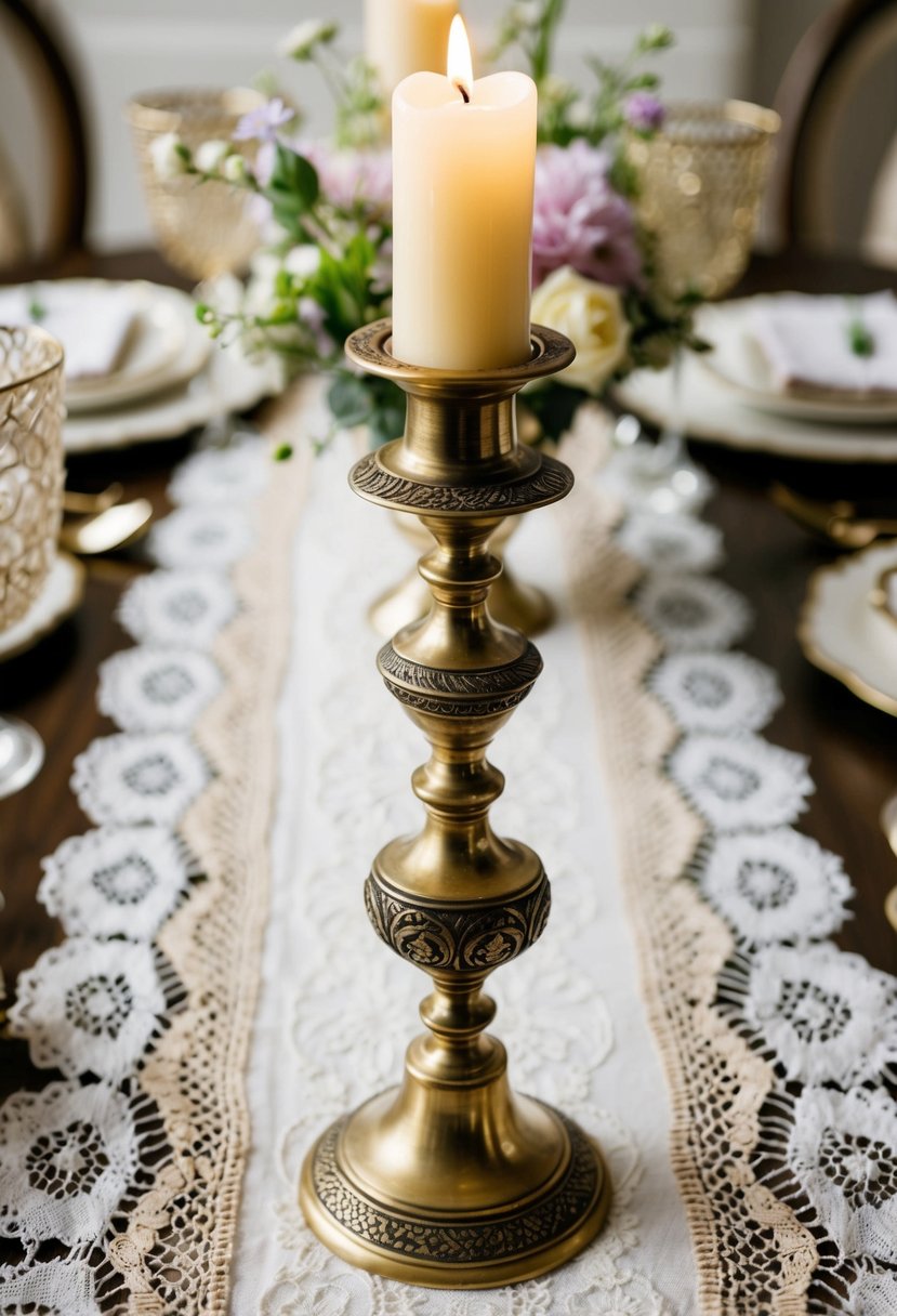 A brass candlestick adorned with intricate designs sits atop a lace table runner, surrounded by delicate flowers and vintage-inspired decor