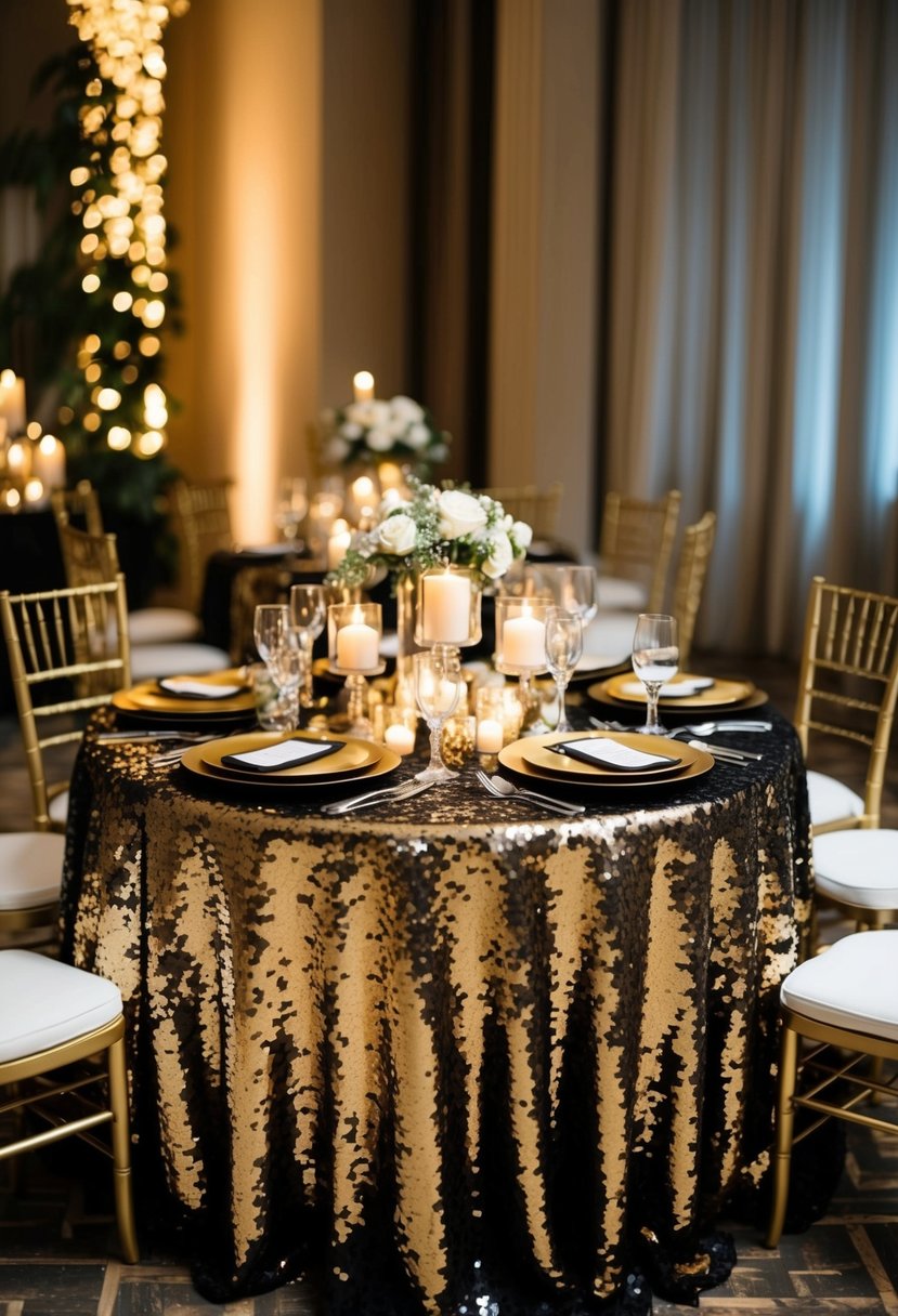 A black and gold sequin tablecloth adorns an art deco wedding table, sparkling in the soft candlelight