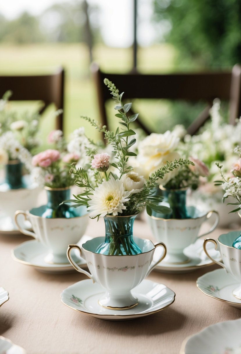 A collection of vintage teacup vases arranged on a table, filled with delicate flowers and greenery, creating a charming and budget-friendly wedding centerpiece