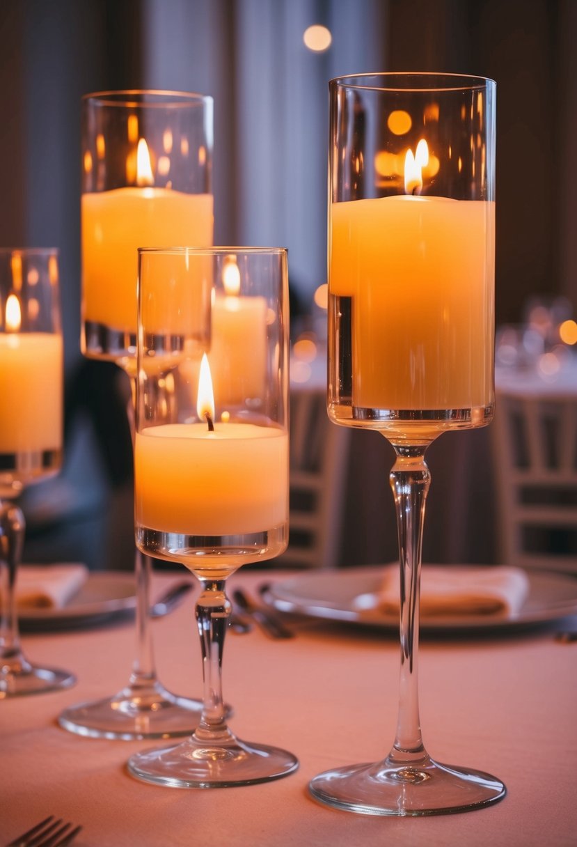 Floating candles in glass vases illuminate a wedding table, casting a warm and romantic glow