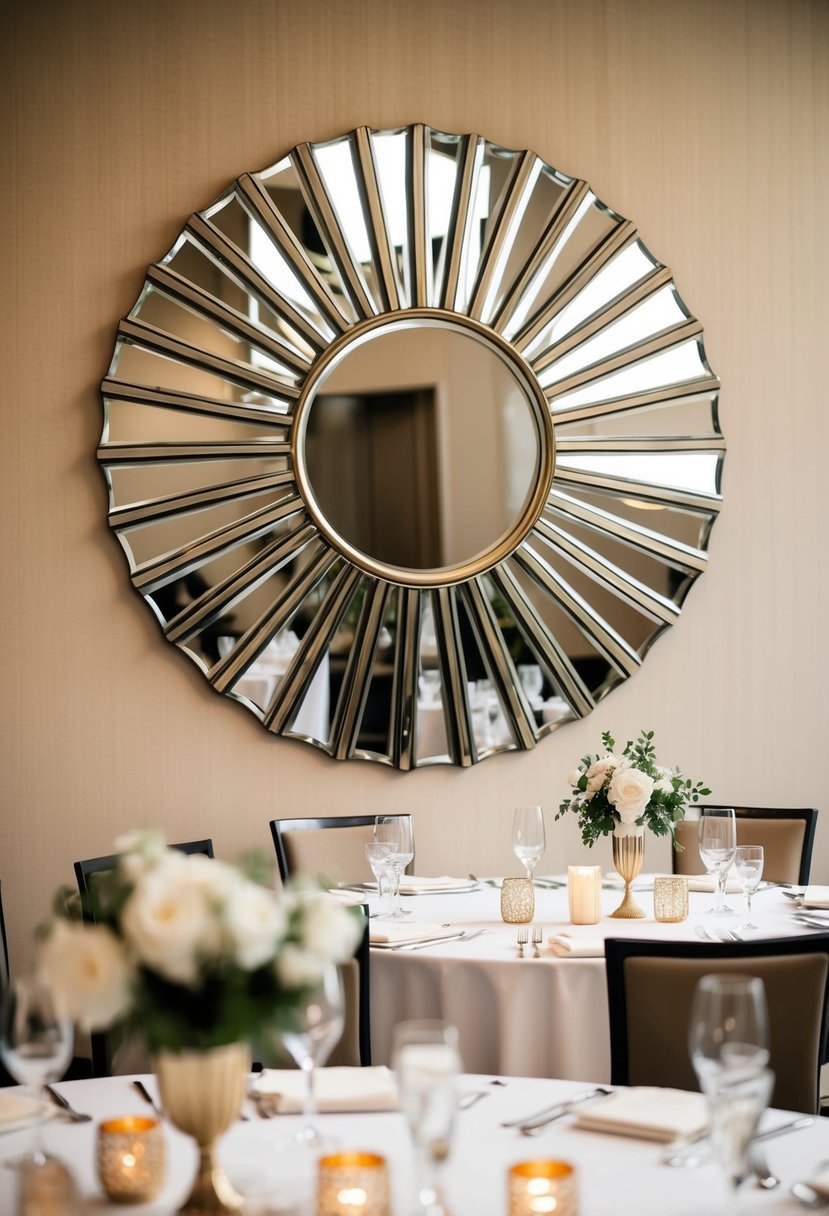 A sunburst mirror reflects an art deco wedding table, adorned with elegant table accents