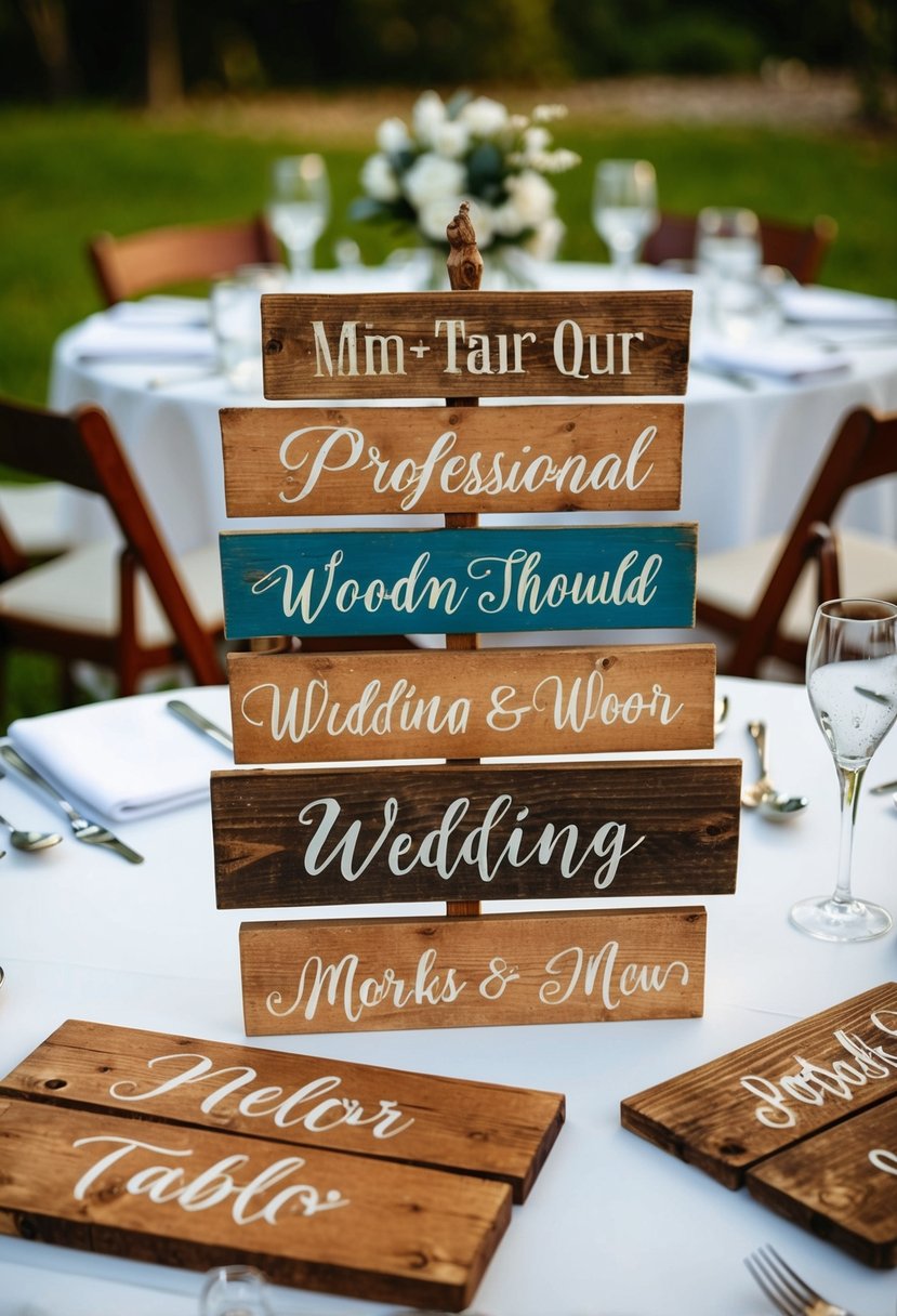 Reclaimed wood signs arranged as wedding table decor