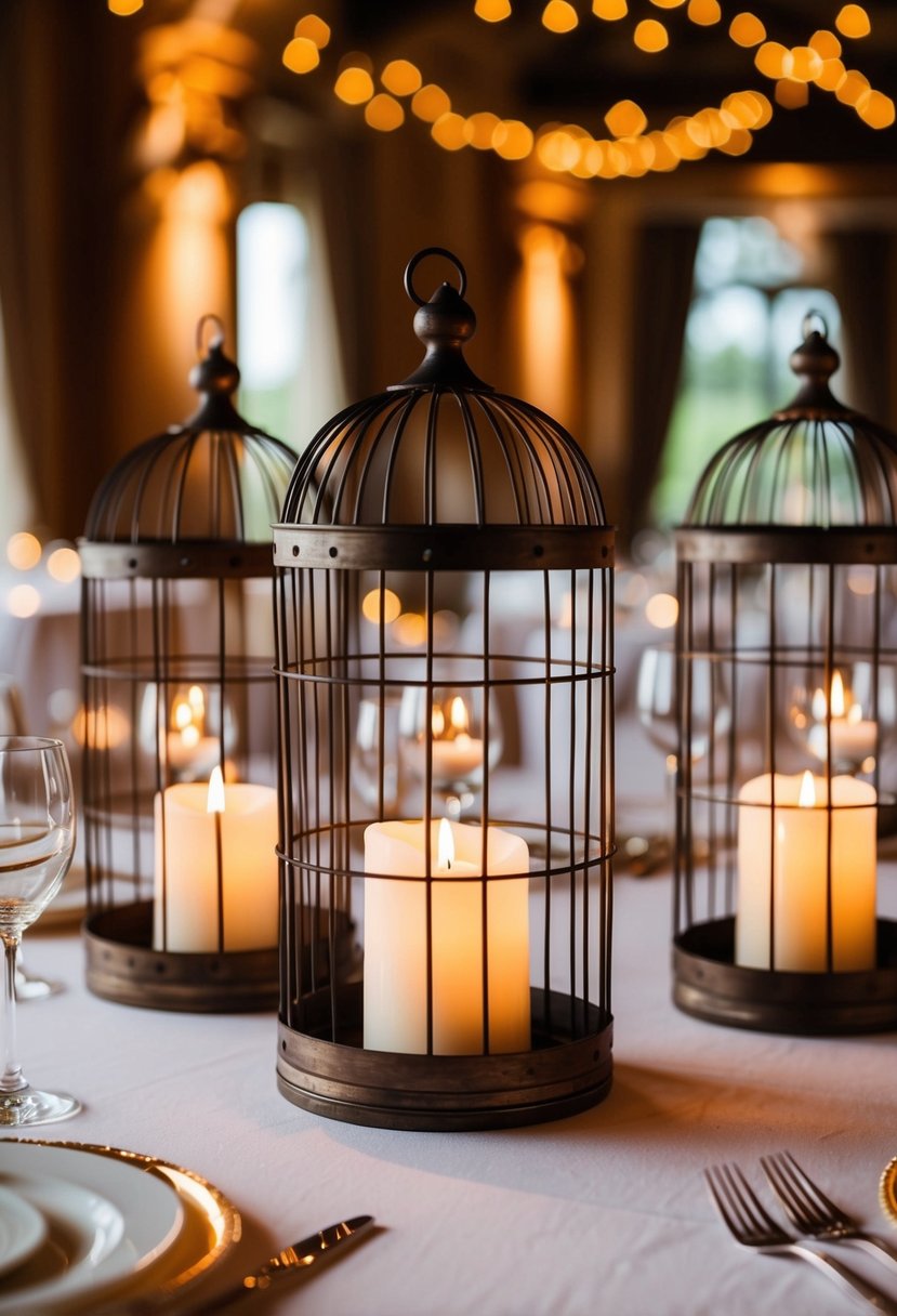 Birdcage candle holders arranged as wedding table decorations, with candles lit inside, casting a warm and romantic glow