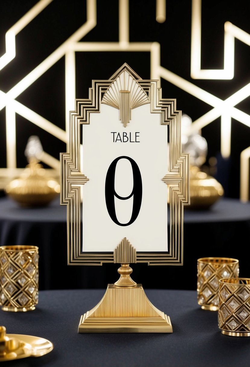 An elegant Art Deco table number set on a gilded stand, surrounded by geometric patterns and opulent details