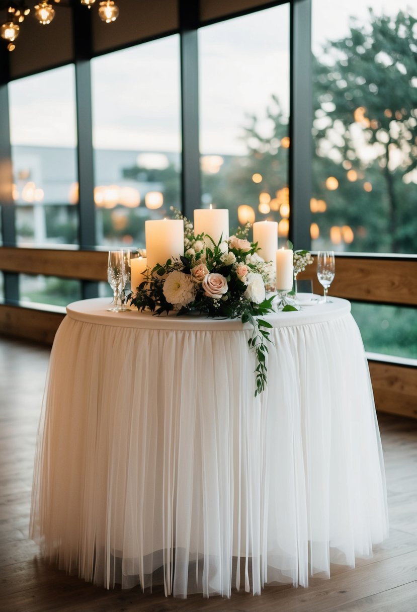 A round table with a tulle skirt in white, adorned with flowers and candles