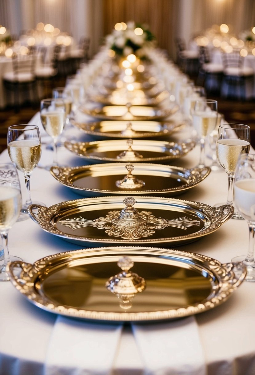 Shimmering metallic trays display ornate art deco designs on a lavish wedding table