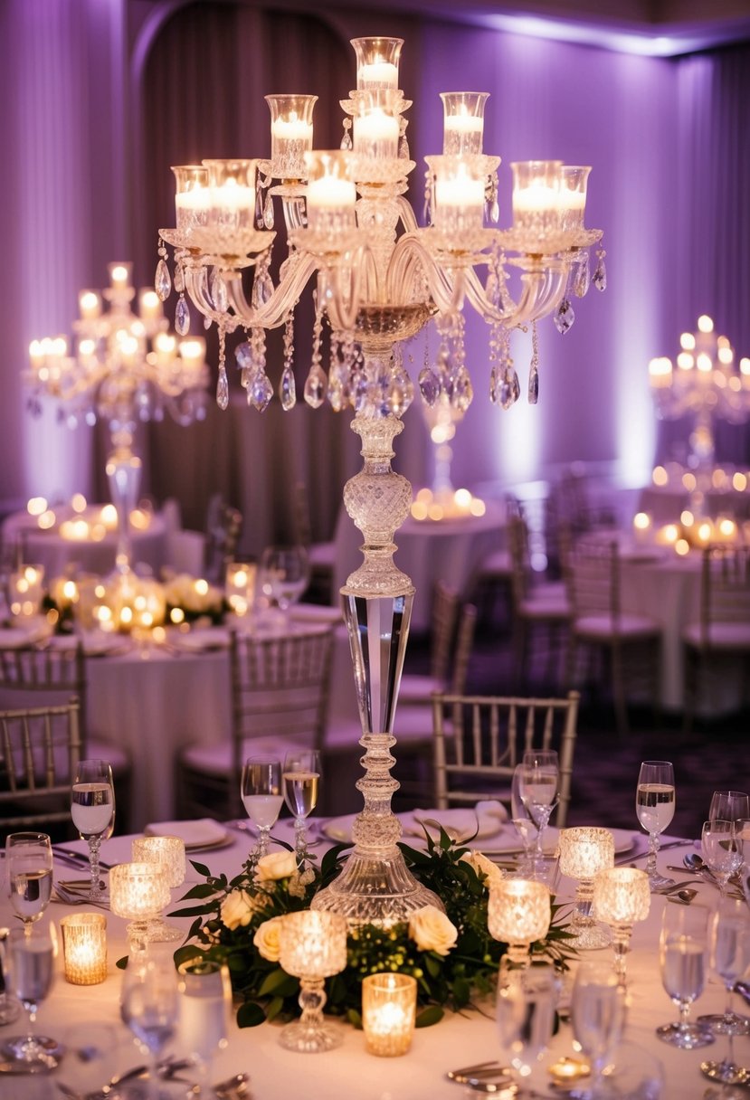 A grand wedding table adorned with crystal candelabras and flickering candlesticks, casting a warm and elegant glow