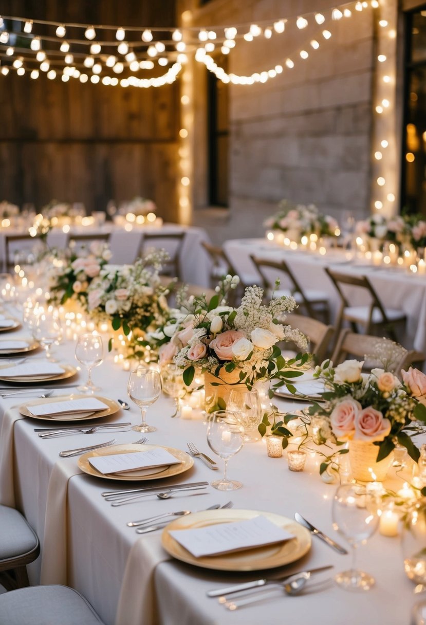 A table adorned with twinkling fairy lights and delicate floral arrangements, perfect for a budget-friendly wedding decoration