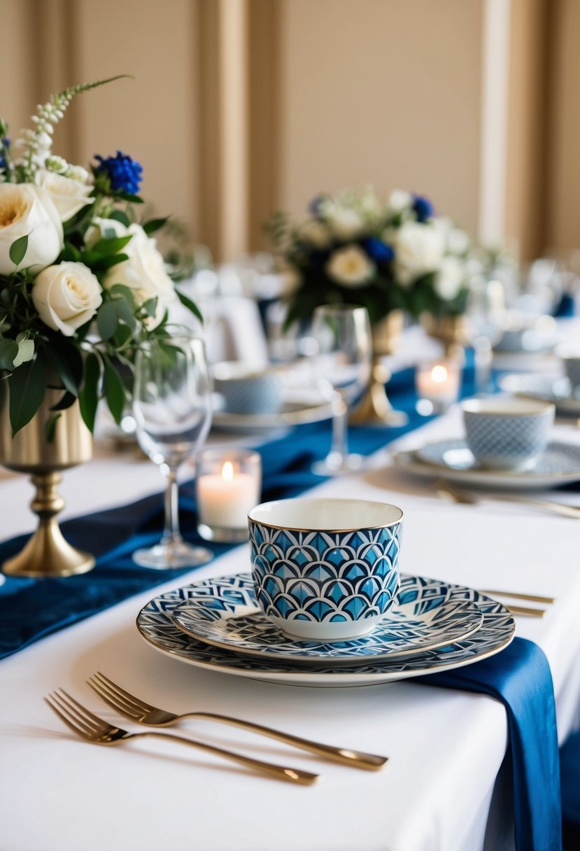 A table set with art deco geometric patterned crockery for a wedding reception