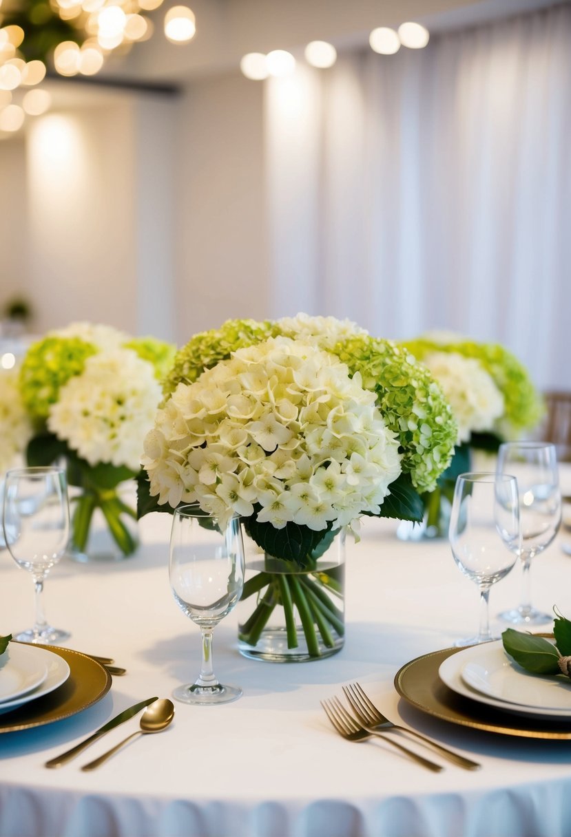 A table set with simple, elegant hydrangea centerpieces, creating a cheap yet beautiful wedding decoration