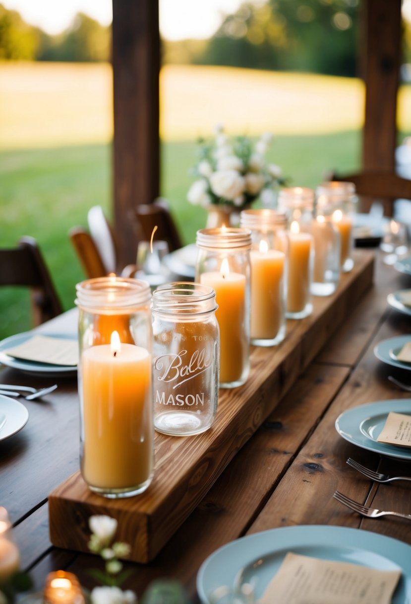 A wooden table adorned with mason jar candlesticks, surrounded by rustic wedding decor