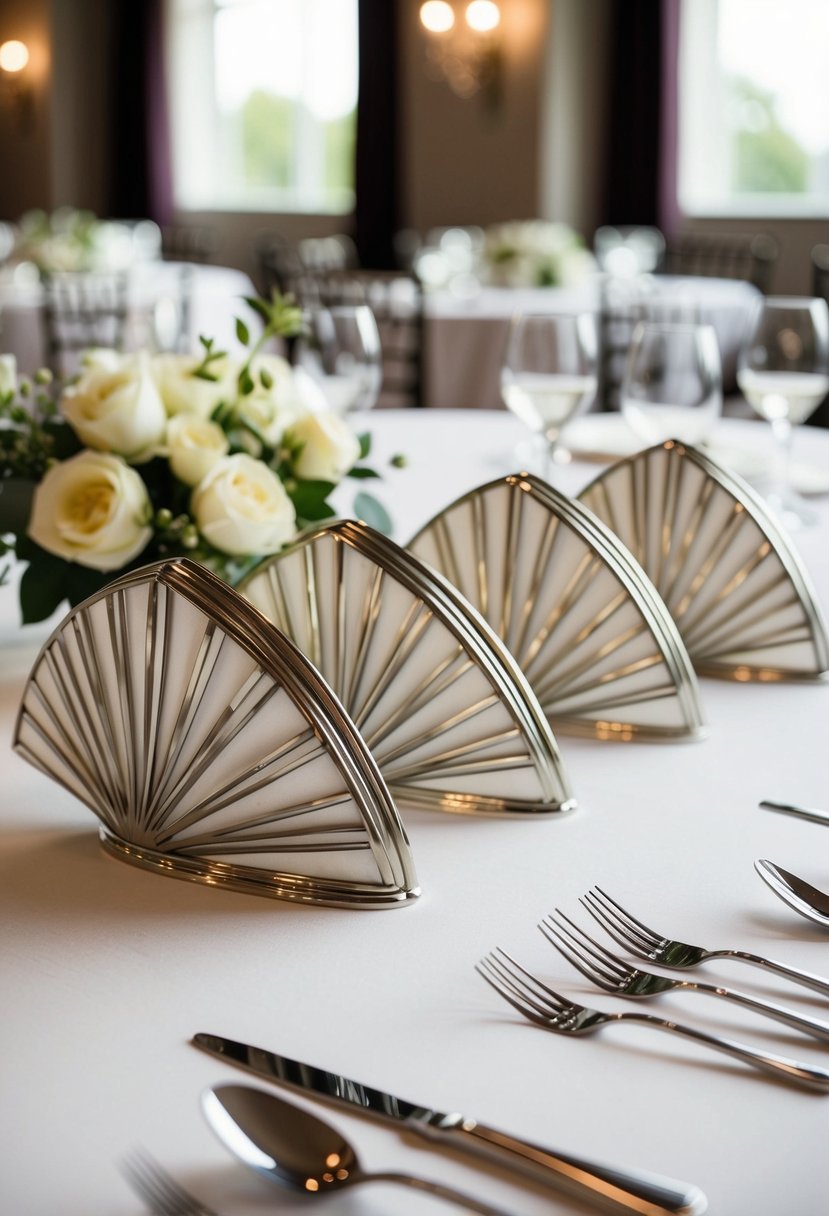 Art deco napkin holders arranged in a fan shape on a wedding table, with elegant and geometric designs