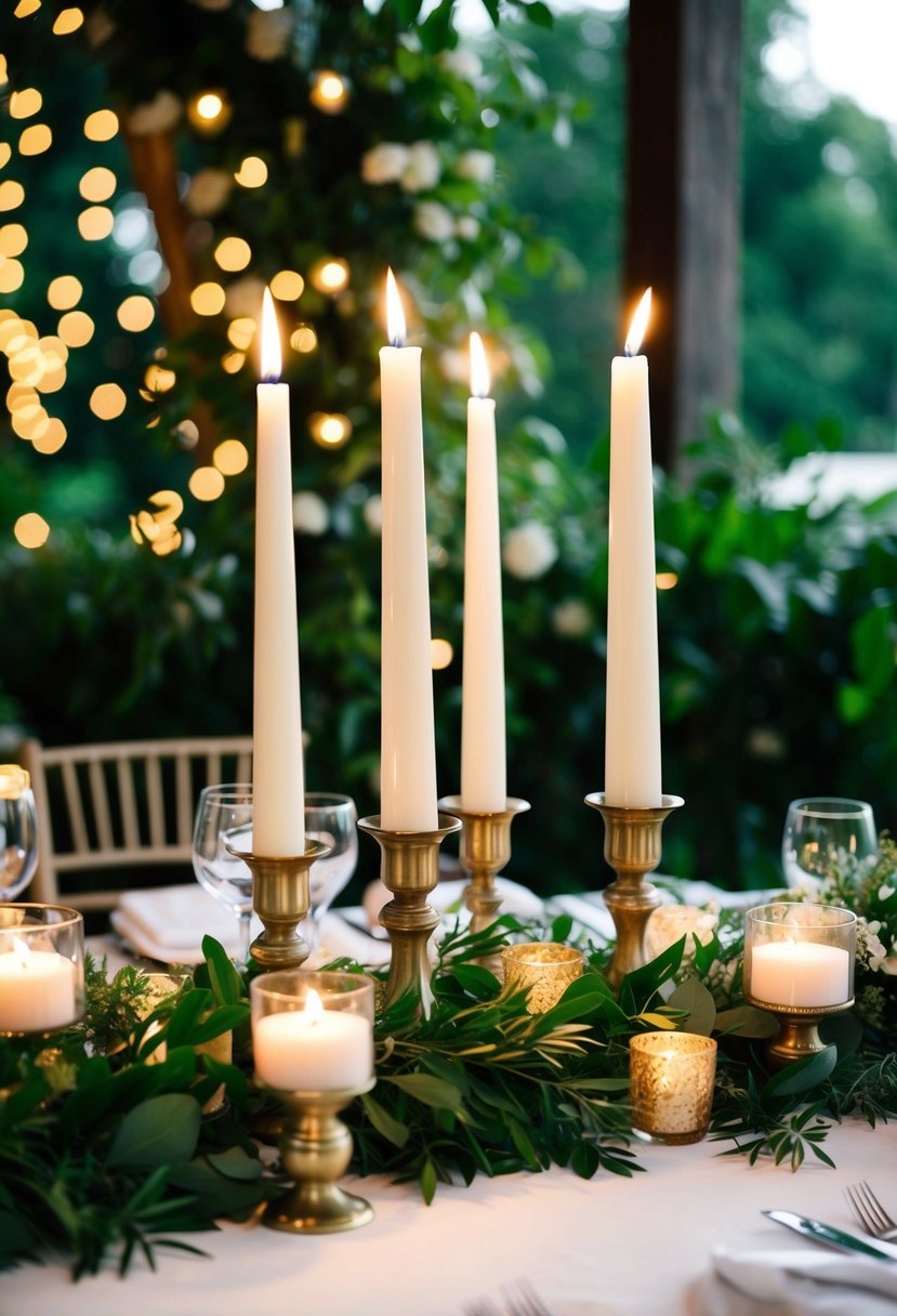 Taper candles surrounded by lush greenery on a wedding table