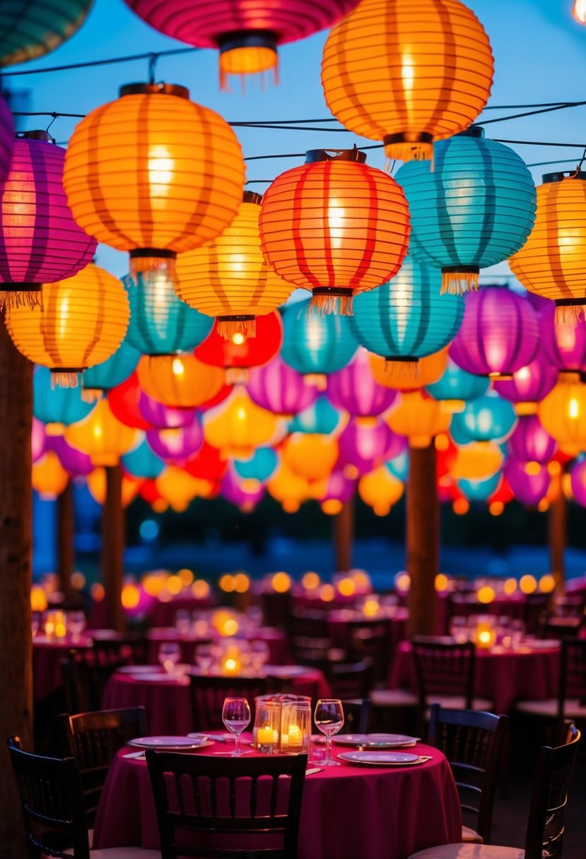 Vibrant paper lanterns hanging above tables, casting a warm glow