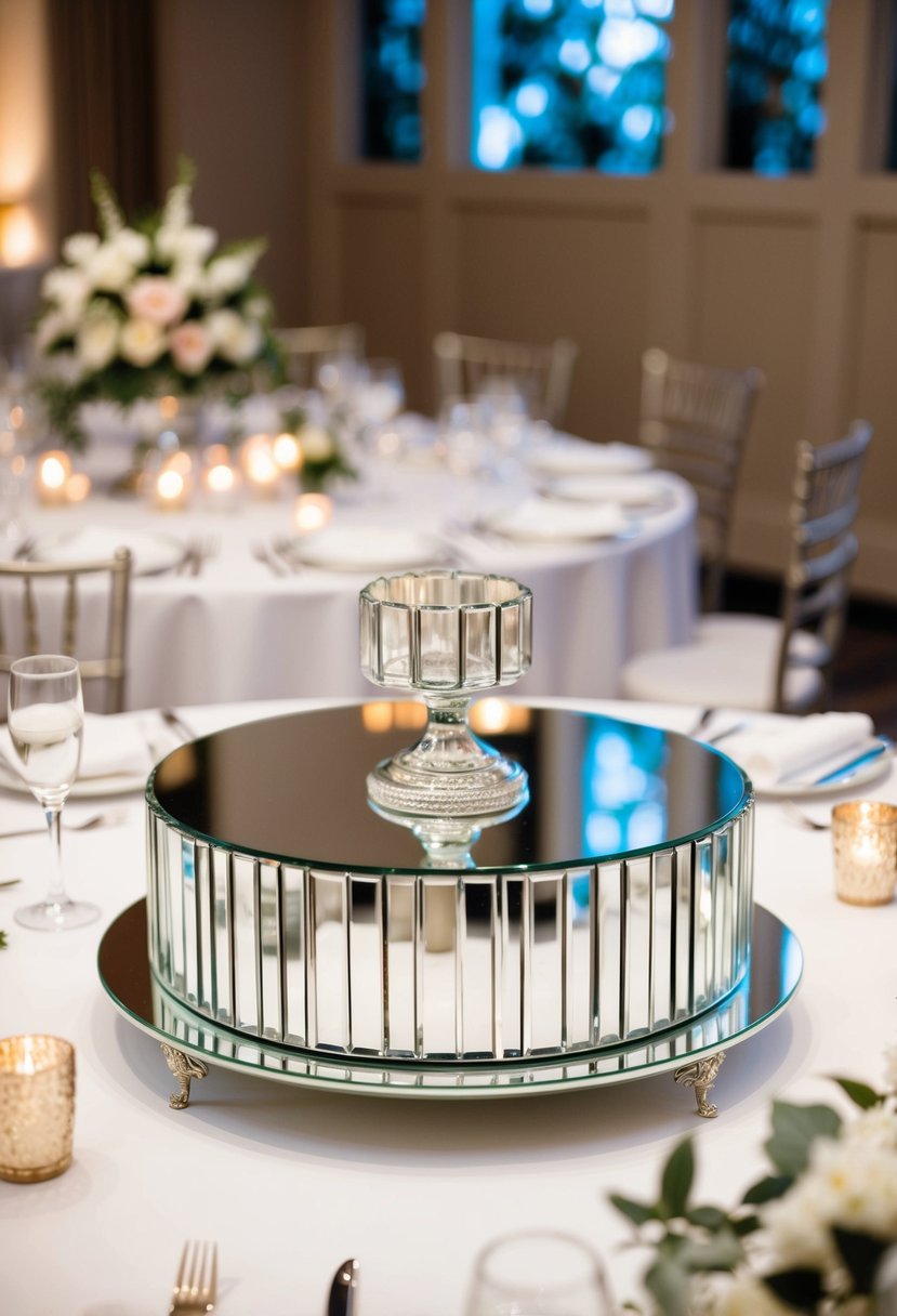 A mirrored cake stand with an Art Deco design sits atop a table adorned with elegant wedding decorations