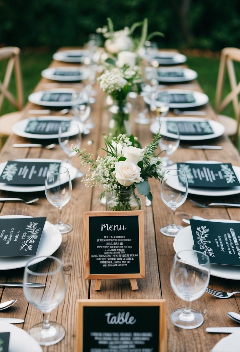 A rustic wooden table adorned with mini chalkboard menus and delicate floral arrangements, creating a charming and budget-friendly wedding decor