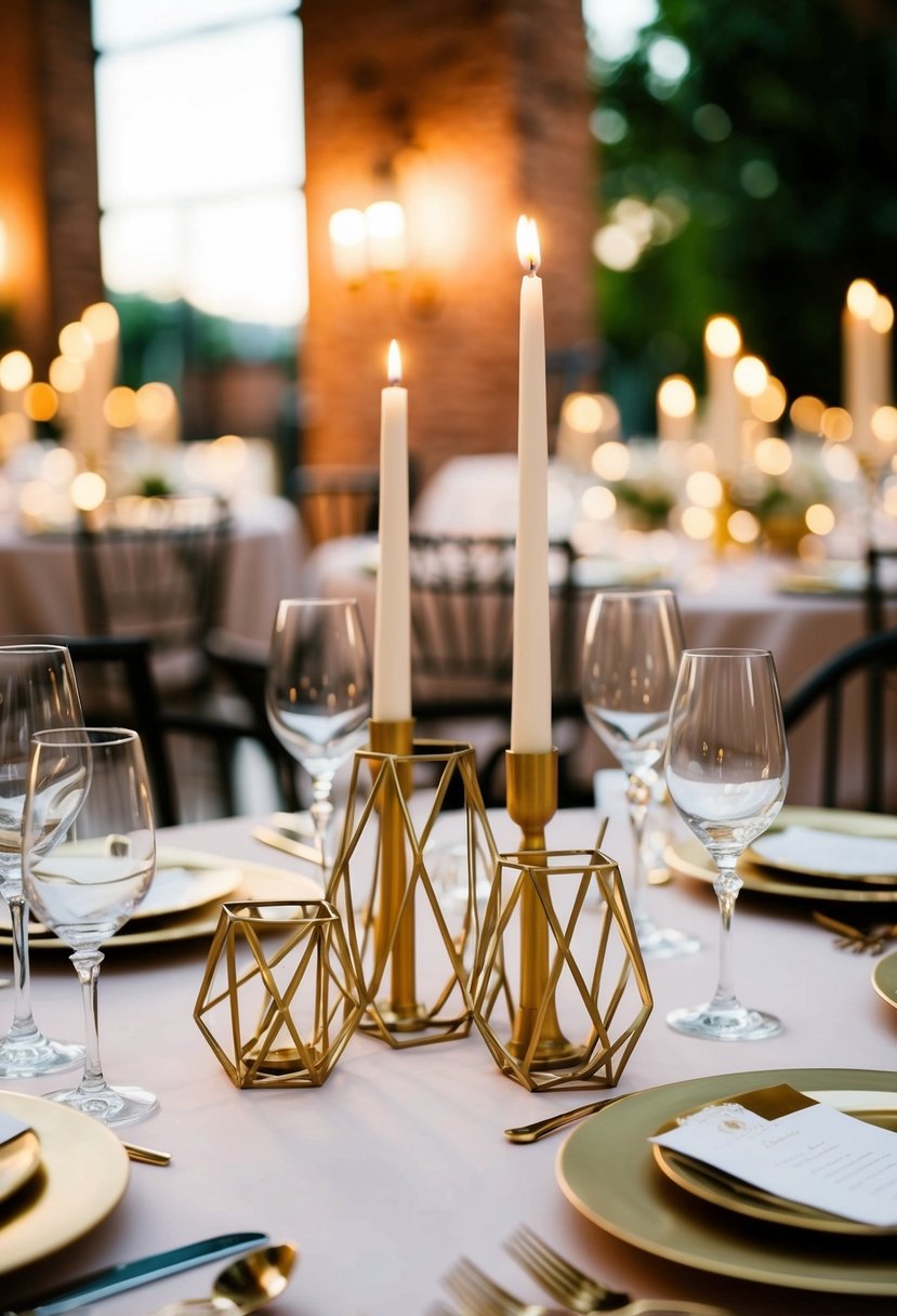 A table set with gold geometric candle holders for a wedding