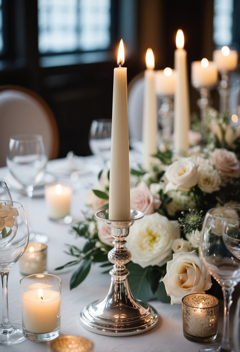 A silver taper candlestick stands elegantly on a chic wedding table, surrounded by delicate floral arrangements and soft candlelight