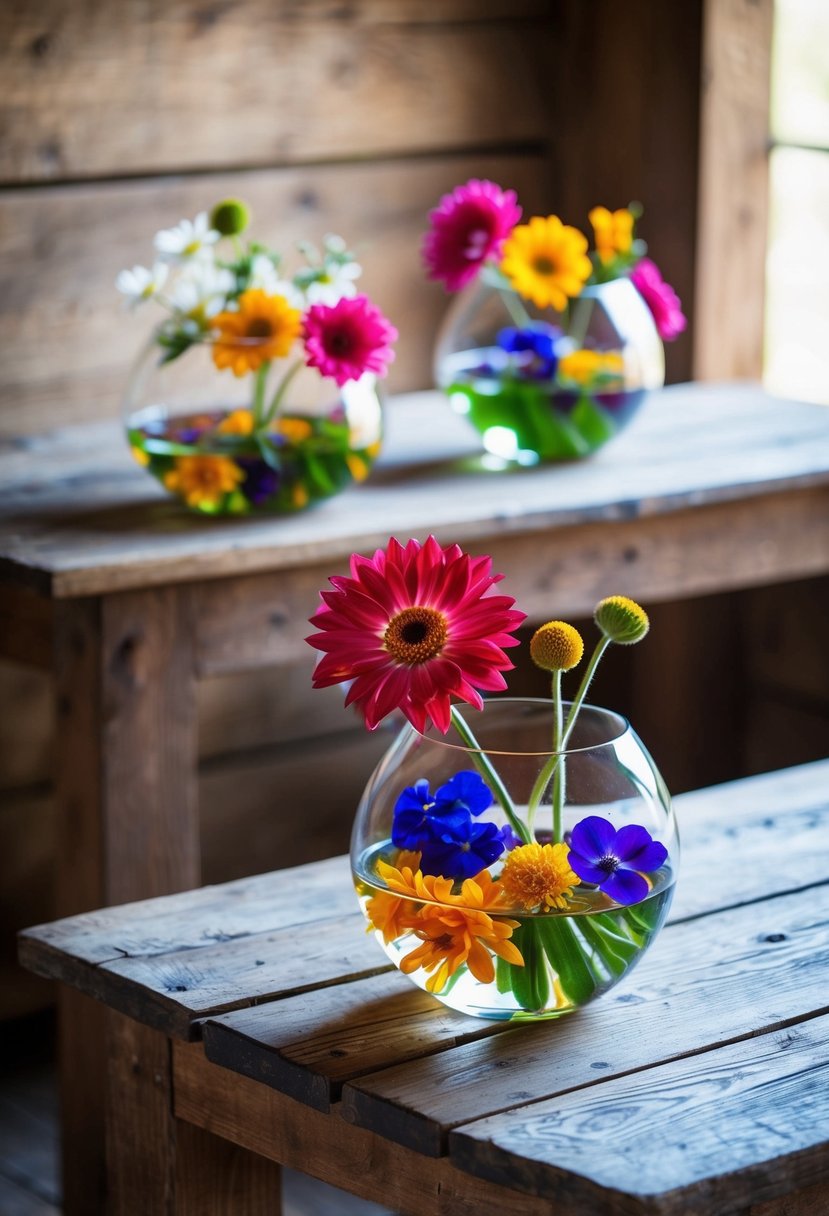 Vibrant flowers float in glass bowls atop rustic wooden tables