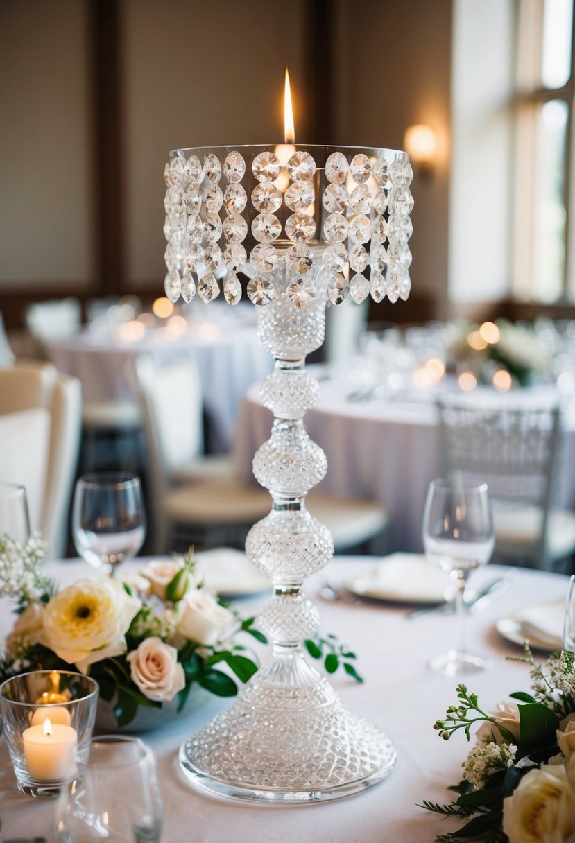 A sparkling crystal glass candlestick centerpiece on a wedding table, surrounded by delicate flowers and elegant decor