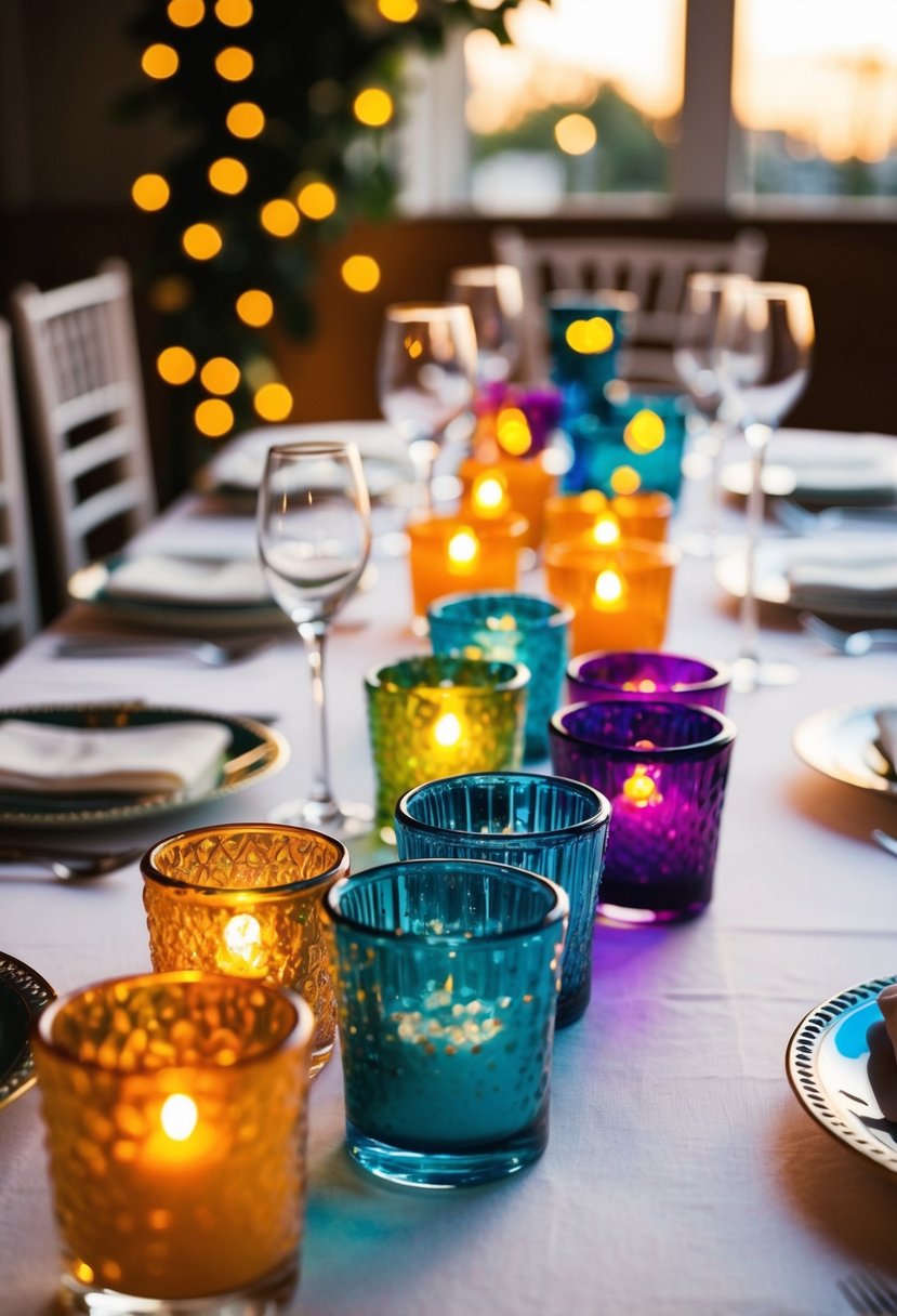 A table adorned with vibrant glass votives, casting a warm glow at a wedding celebration