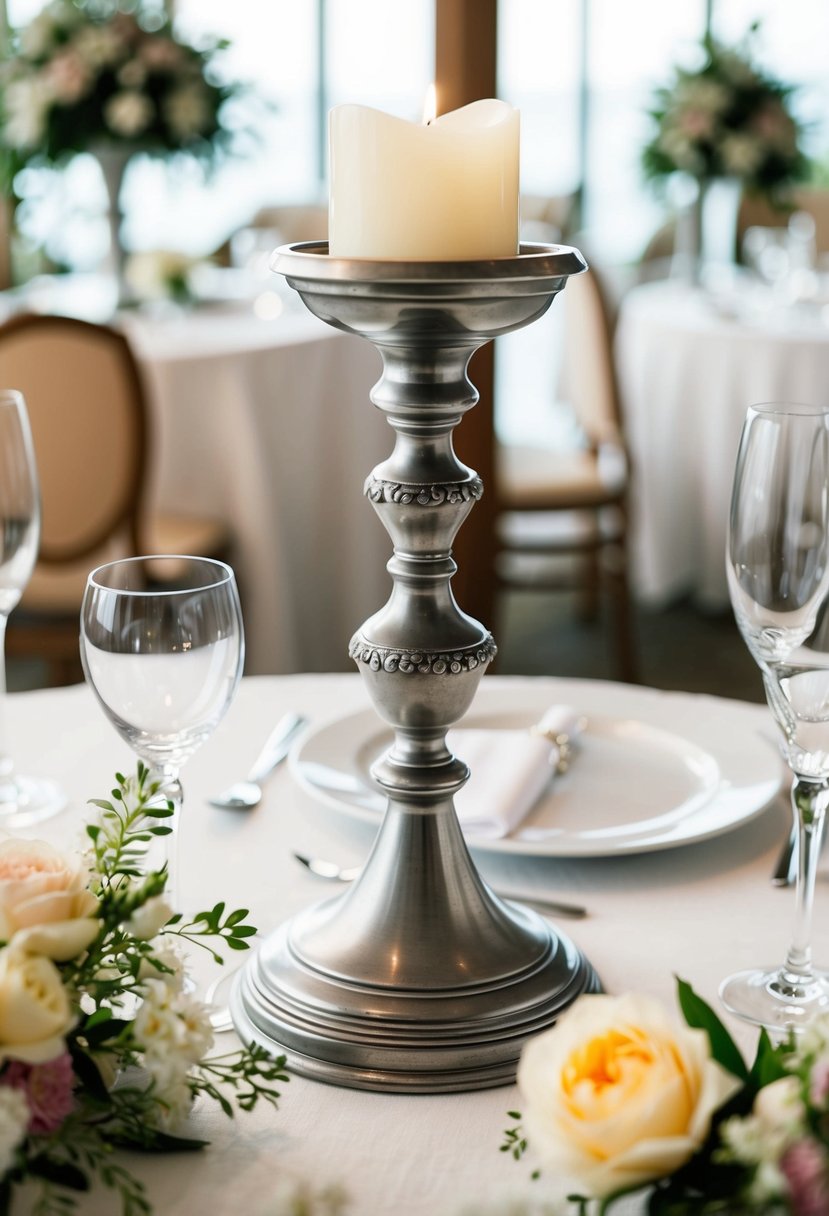 A pewter candlestick holder with romantic design sits on a wedding table, surrounded by delicate floral decorations