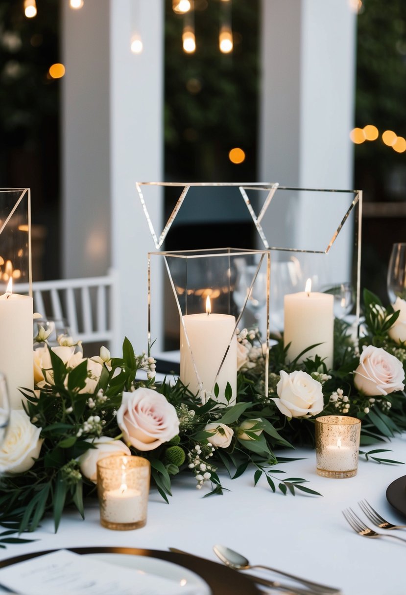 A table adorned with acrylic geometric shapes, flowers, and candles for a modern wedding centerpiece