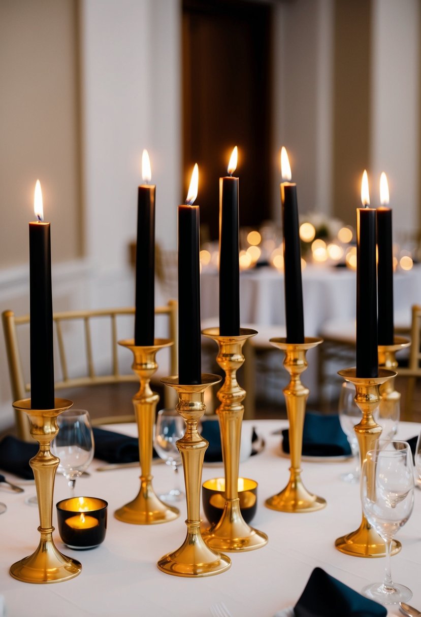 Black and gold candles arranged in elegant candlesticks on a wedding reception table