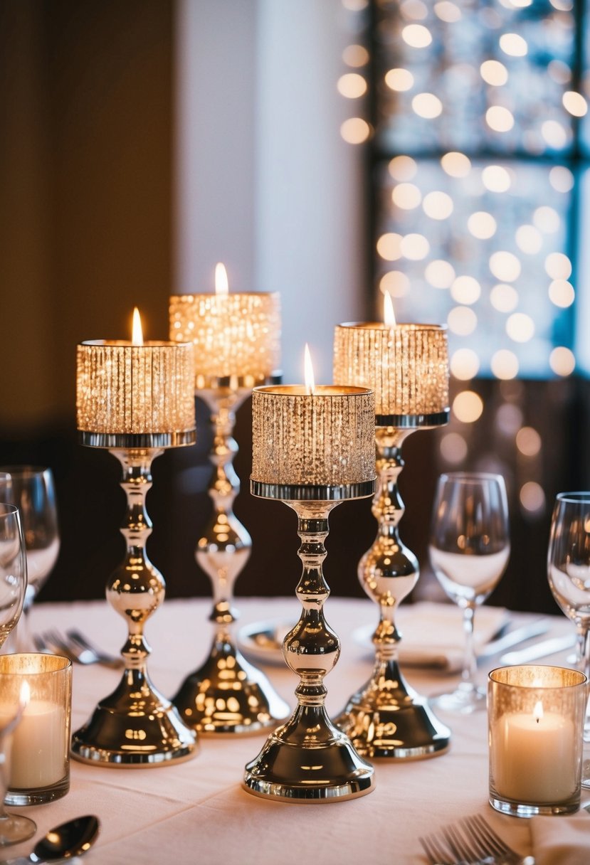 Shimmering metallic containers hold sparkling candlesticks on a wedding table