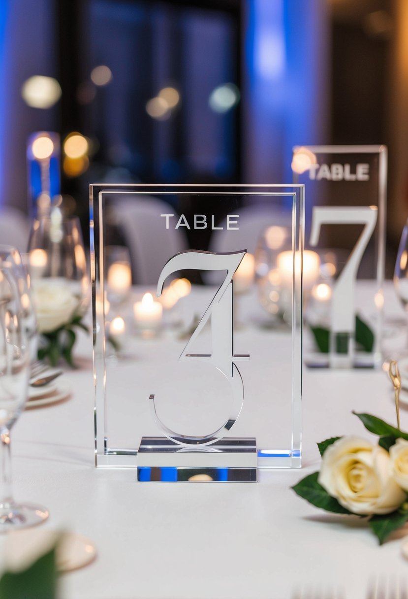 Clear acrylic table numbers arranged in a sleek and modern display on a wedding reception table, catching the light and adding a touch of contemporary elegance to the decor