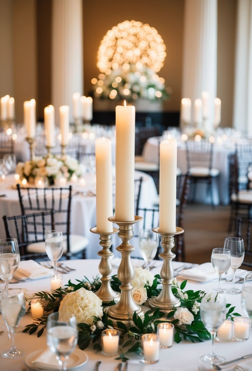 A grand wedding table adorned with classic white pillar candlesticks as elegant decorations