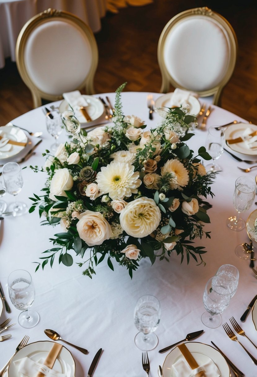 A circular wedding table adorned with elegant decorations and floral arrangements