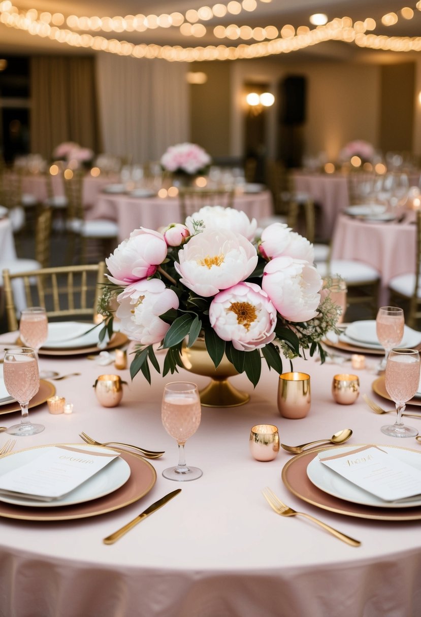 A circular table adorned with blush and gold decor, featuring peony centerpieces for a wedding reception