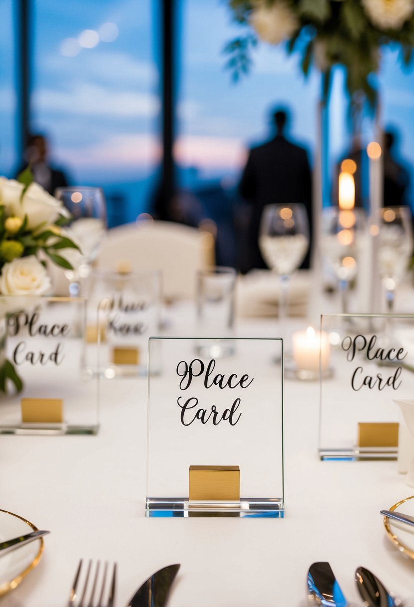 Acrylic place card holders arranged on a wedding reception table with personalized seating