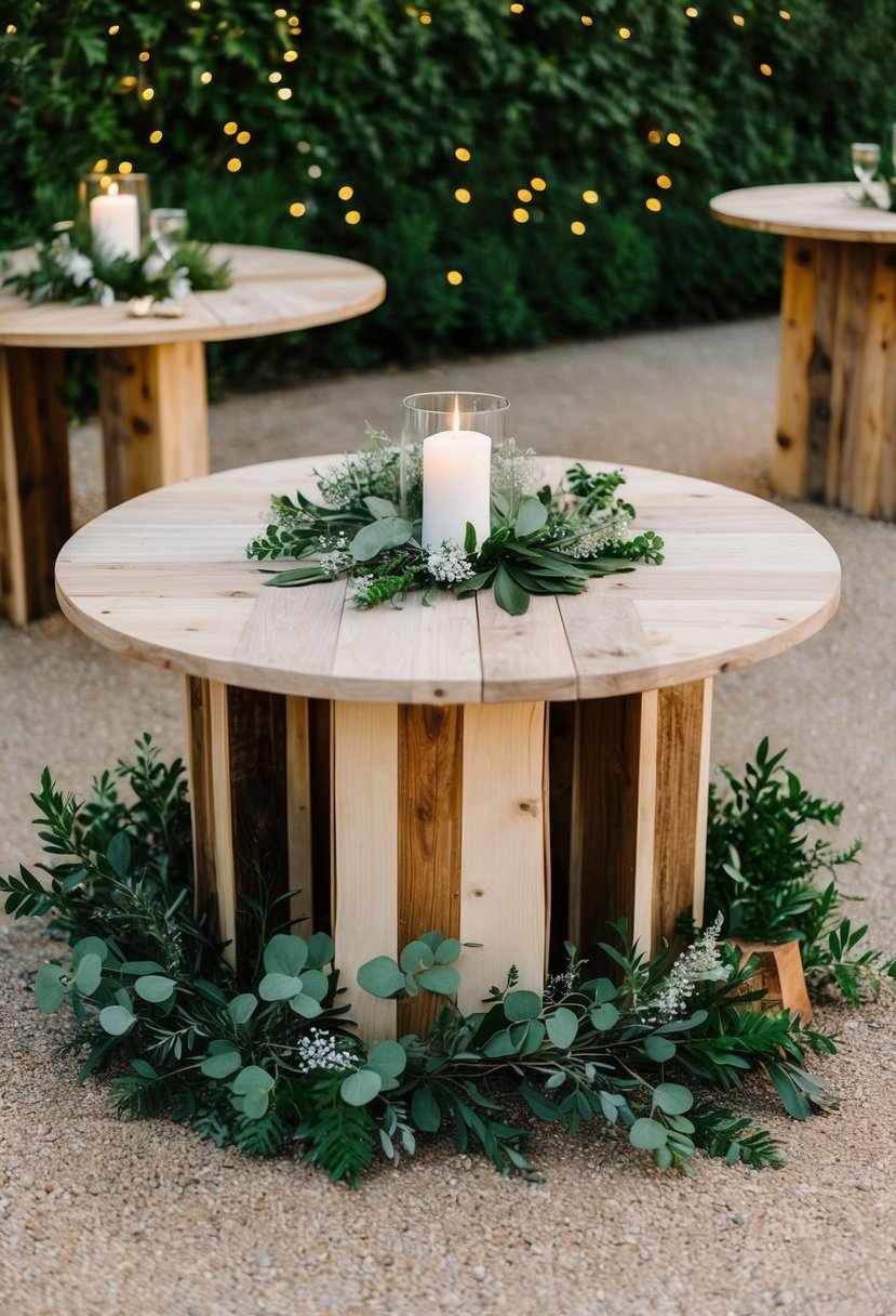 A circular table adorned with rustic wooden accents and surrounded by greenery