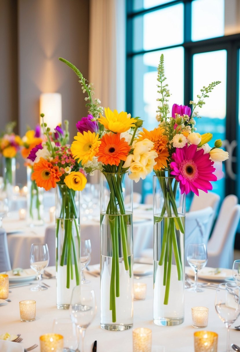 Colorful flowers float in acrylic vases, adorning wedding tables with elegant and modern decorations