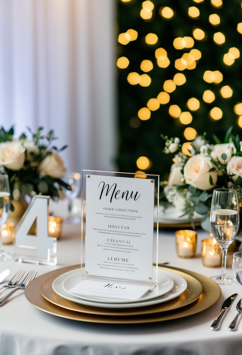 A table set with acrylic menu cards, matching the wedding theme. Surrounding decor includes acrylic table numbers and floral arrangements